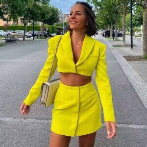 Neon Yellow Cutout Cocktail Suit Dress